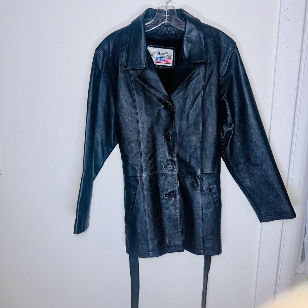 American Leather Black Genuine Leather Trench Coat Removable Faux Fur Liner L